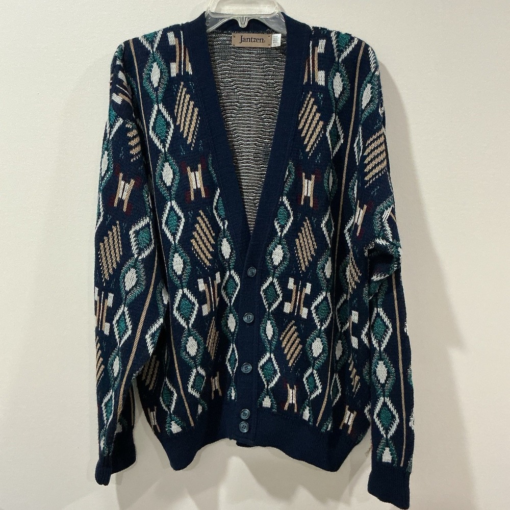 Vintage Jantzen Cardigan Sweater Men Large Blue Beige Knit Grandpacore Academia